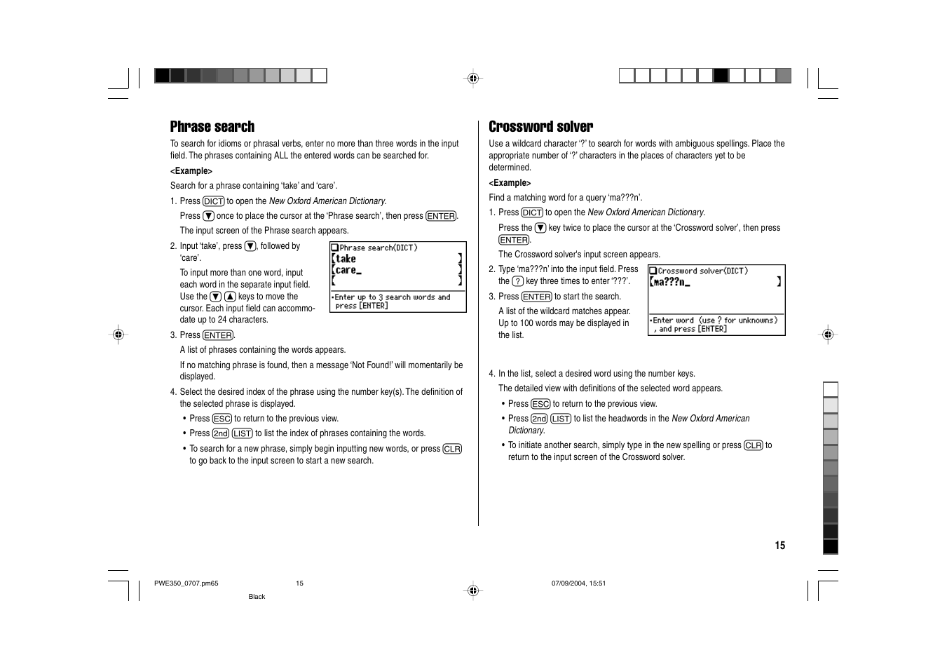 Phrase search, Crossword solver | Sharp The New Oxford American Dictionary Oxford American Thesaurus of Current English ELECTRONIC DICTIONARY PW-E350 User Manual | Page 17 / 48