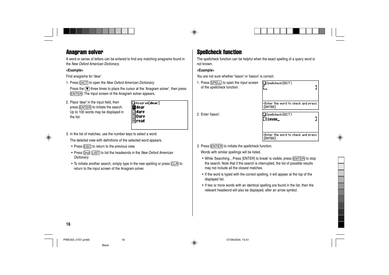 Anagram solver, Spellcheck function | Sharp The New Oxford American Dictionary Oxford American Thesaurus of Current English ELECTRONIC DICTIONARY PW-E350 User Manual | Page 18 / 48