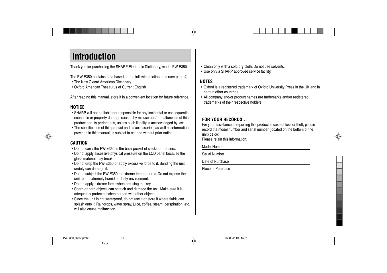 Introduction | Sharp The New Oxford American Dictionary Oxford American Thesaurus of Current English ELECTRONIC DICTIONARY PW-E350 User Manual | Page 2 / 48