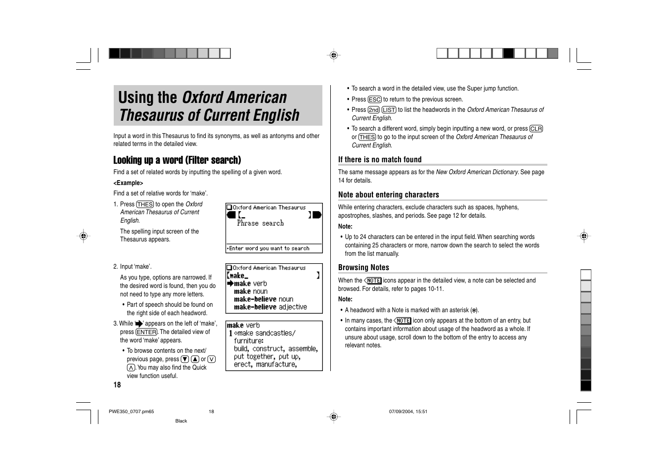 Oxford american thesaurus of current english, Using the, Looking up a word (filter search) | Sharp The New Oxford American Dictionary Oxford American Thesaurus of Current English ELECTRONIC DICTIONARY PW-E350 User Manual | Page 20 / 48