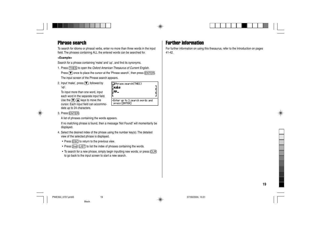 Phrase search, Further information | Sharp The New Oxford American Dictionary Oxford American Thesaurus of Current English ELECTRONIC DICTIONARY PW-E350 User Manual | Page 21 / 48