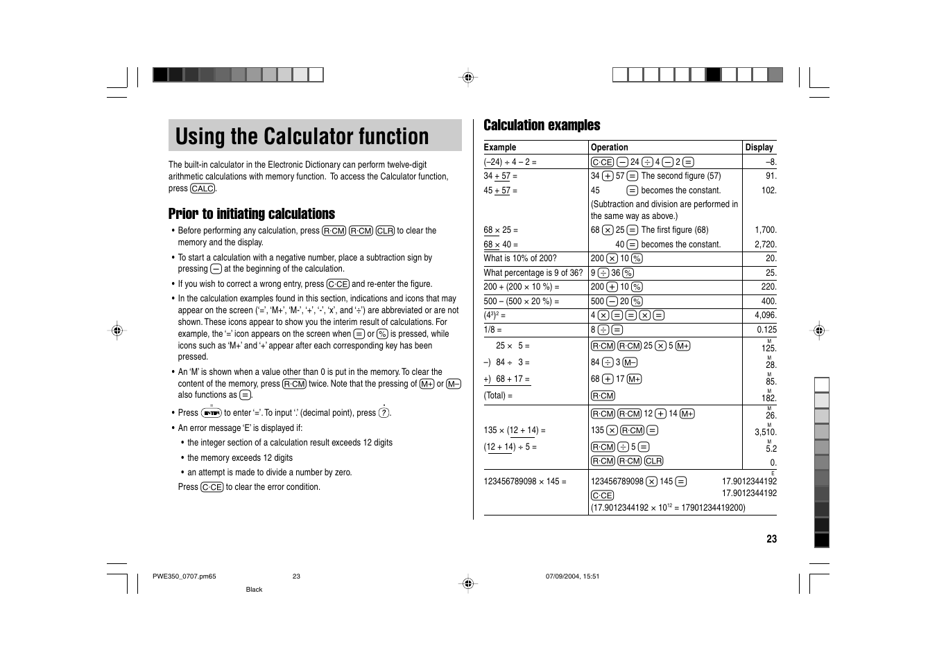 Using the calculator function, Prior to initiating calculations, Calculation examples | Sharp The New Oxford American Dictionary Oxford American Thesaurus of Current English ELECTRONIC DICTIONARY PW-E350 User Manual | Page 25 / 48