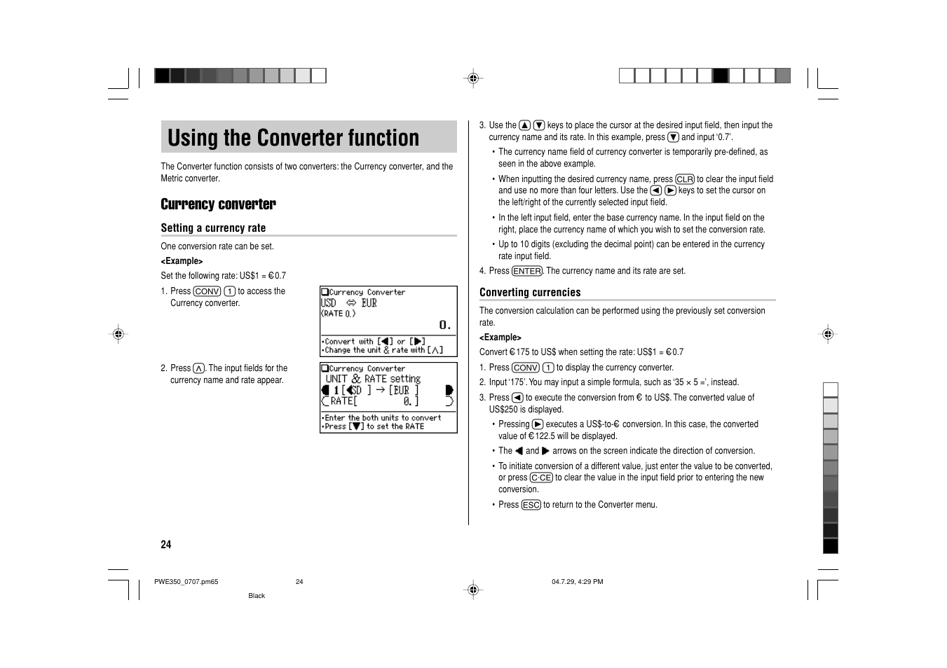 Using the converter function, Currency converter | Sharp The New Oxford American Dictionary Oxford American Thesaurus of Current English ELECTRONIC DICTIONARY PW-E350 User Manual | Page 26 / 48