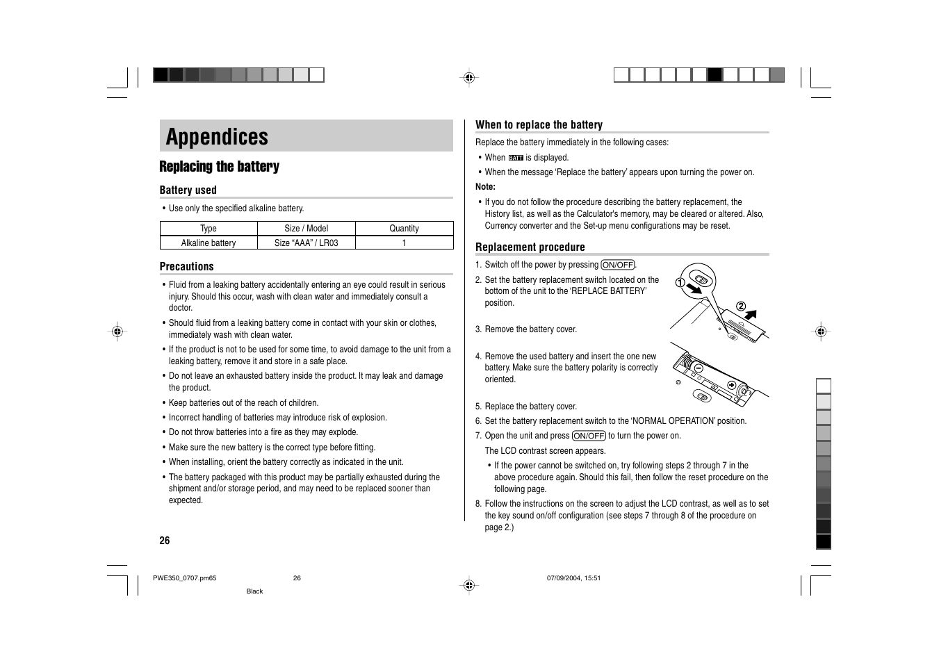 Appendices, Replacing the battery | Sharp The New Oxford American Dictionary Oxford American Thesaurus of Current English ELECTRONIC DICTIONARY PW-E350 User Manual | Page 28 / 48