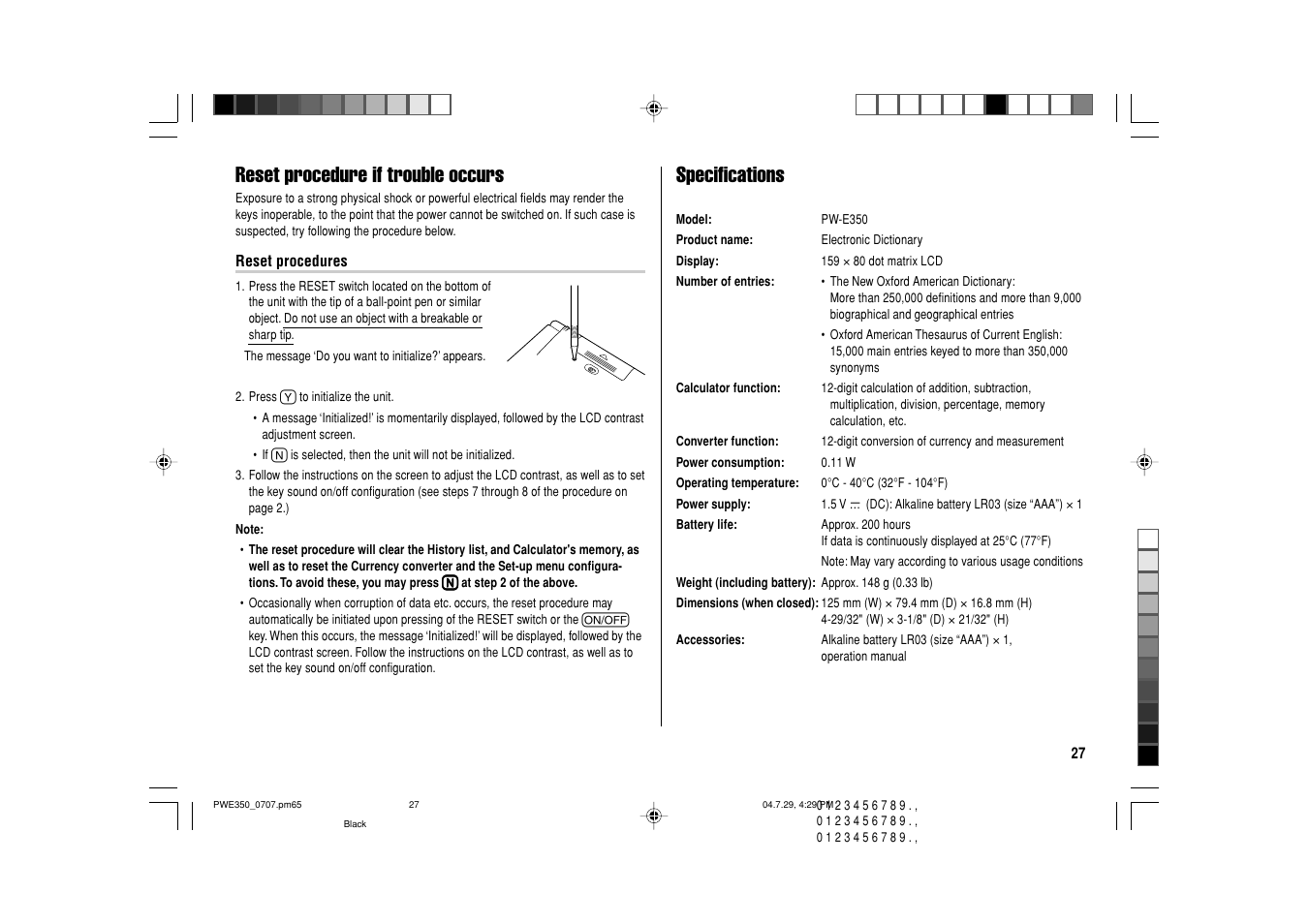 Reset procedure if trouble occurs, Specifications | Sharp The New Oxford American Dictionary Oxford American Thesaurus of Current English ELECTRONIC DICTIONARY PW-E350 User Manual | Page 29 / 48