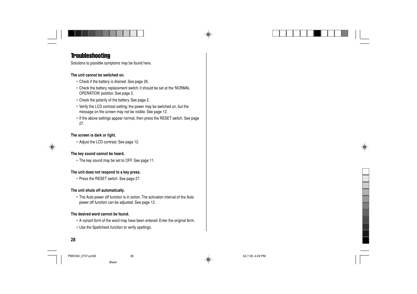 Troubleshooting | Sharp The New Oxford American Dictionary Oxford American Thesaurus of Current English ELECTRONIC DICTIONARY PW-E350 User Manual | Page 30 / 48