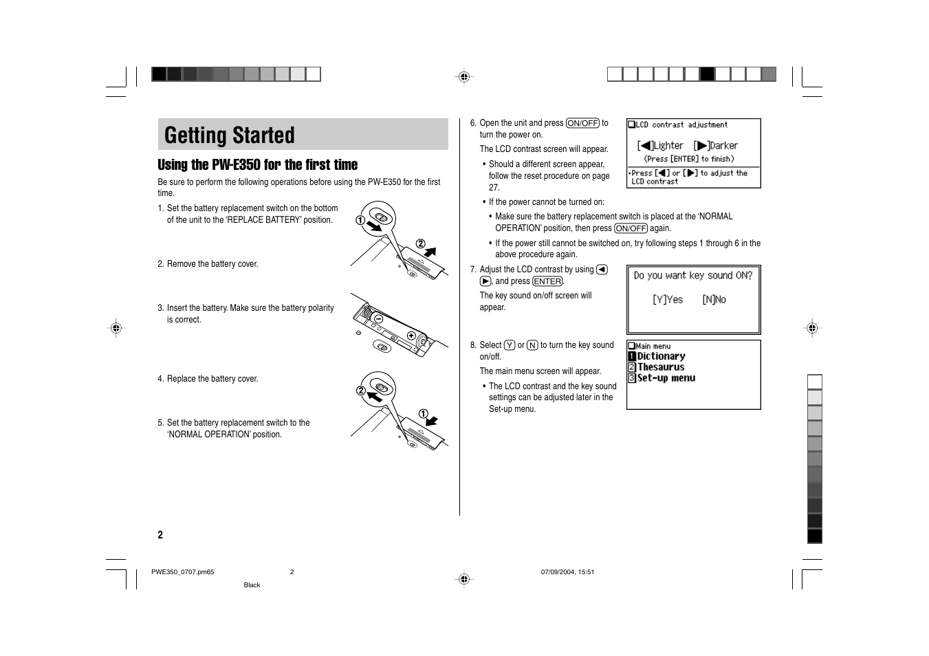 Getting started, Using the pw-e350 for the first time | Sharp The New Oxford American Dictionary Oxford American Thesaurus of Current English ELECTRONIC DICTIONARY PW-E350 User Manual | Page 4 / 48