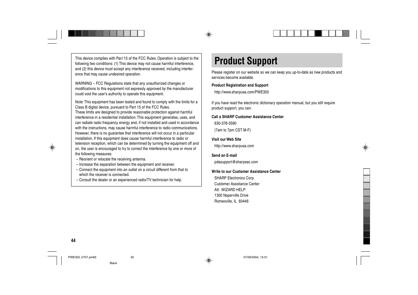 Product support | Sharp The New Oxford American Dictionary Oxford American Thesaurus of Current English ELECTRONIC DICTIONARY PW-E350 User Manual | Page 46 / 48