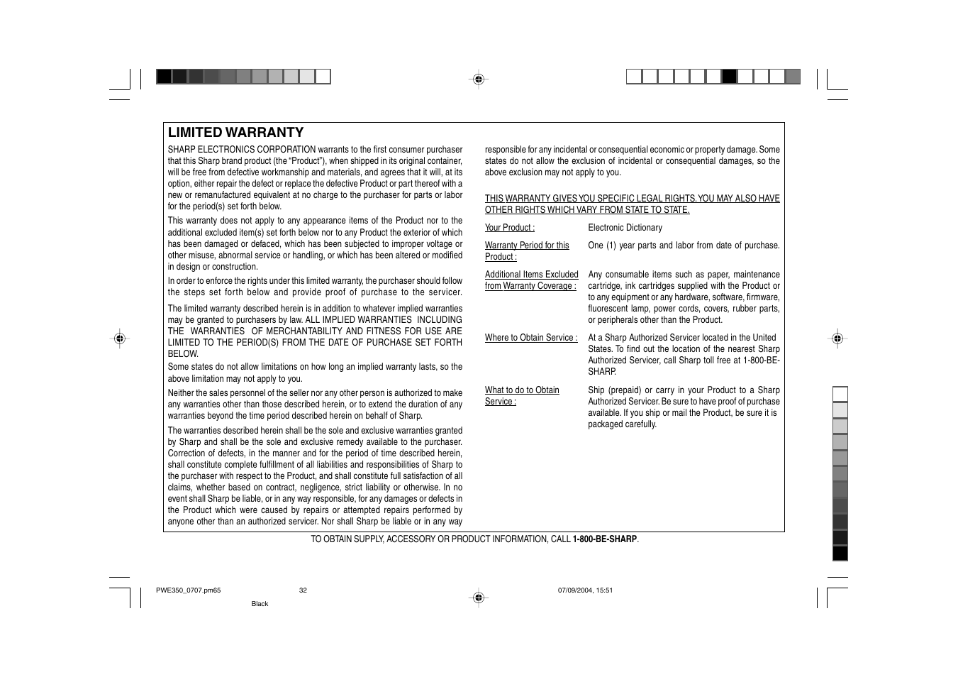 Limited warranty | Sharp The New Oxford American Dictionary Oxford American Thesaurus of Current English ELECTRONIC DICTIONARY PW-E350 User Manual | Page 47 / 48