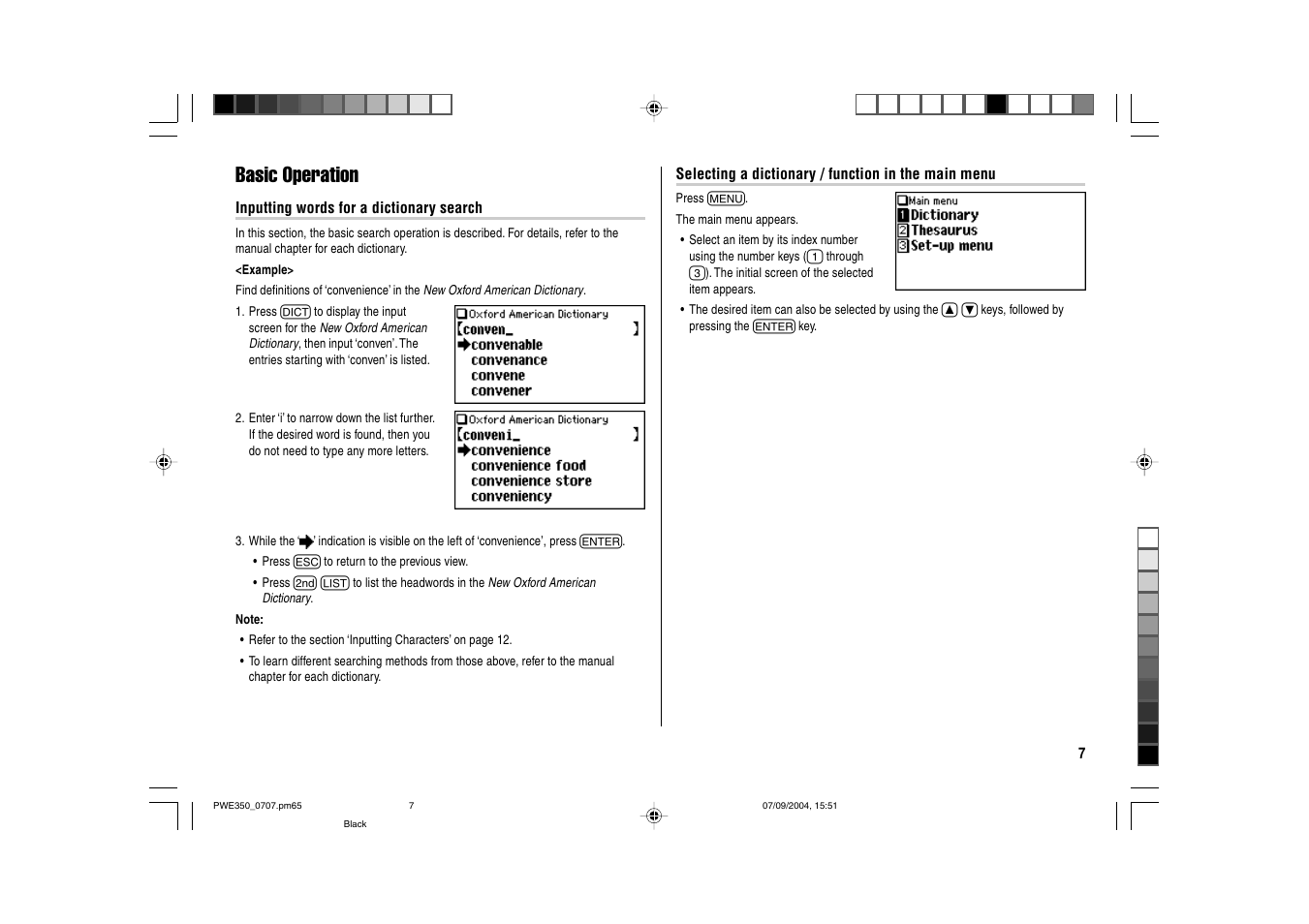 Basic operation | Sharp The New Oxford American Dictionary Oxford American Thesaurus of Current English ELECTRONIC DICTIONARY PW-E350 User Manual | Page 9 / 48