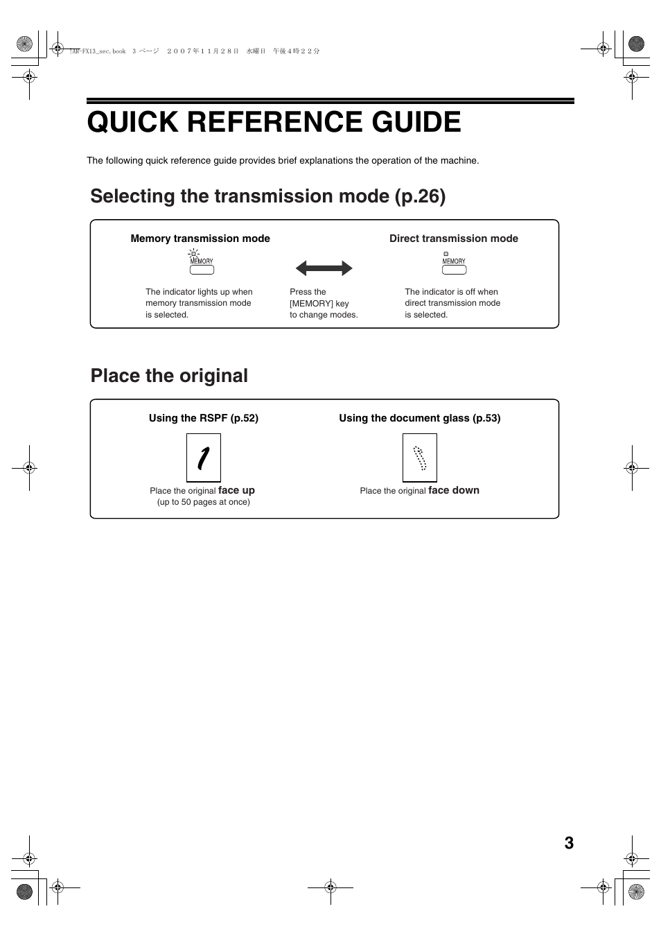 Quick reference guide, Selecting the transmission mode (p.26), Place the original | Sharp R-208S User Manual | Page 111 / 311