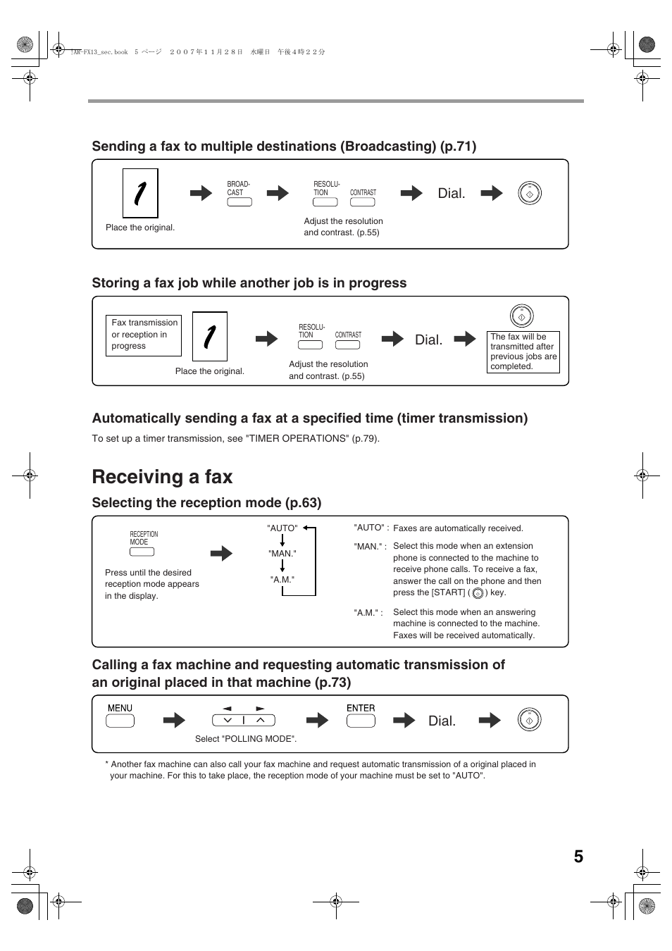 Receiving a fax, Dial, Storing a fax job while another job is in progress | Selecting the reception mode (p.63) | Sharp R-208S User Manual | Page 113 / 311