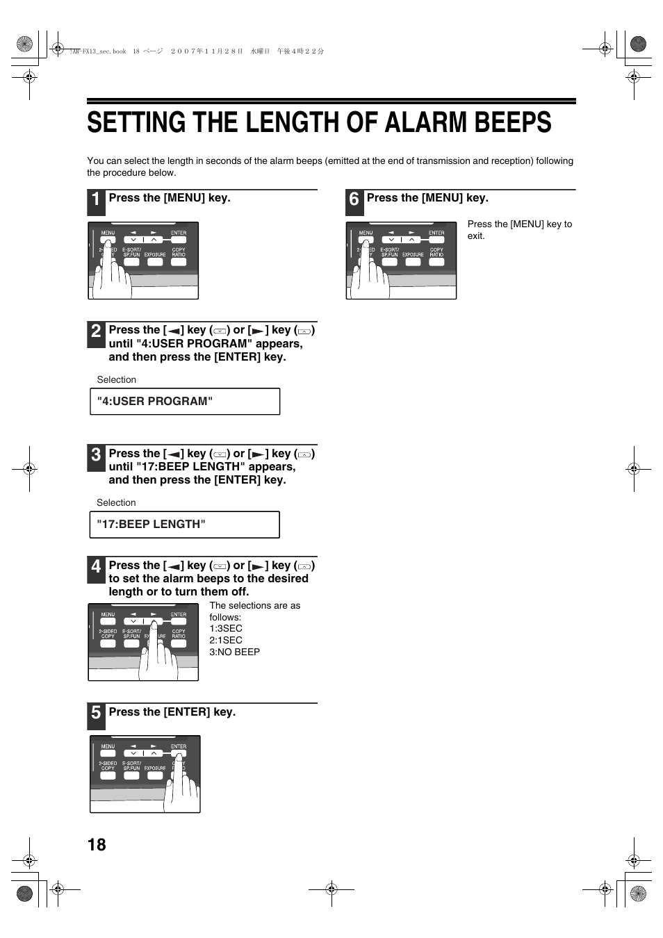 Setting the length of alarm beeps | Sharp R-208S User Manual | Page 126 / 311