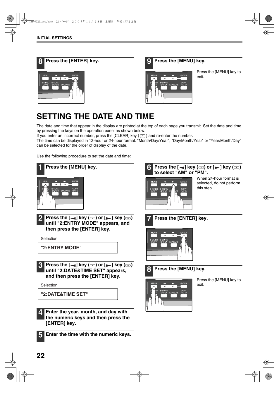 Setting the date and time | Sharp R-208S User Manual | Page 130 / 311