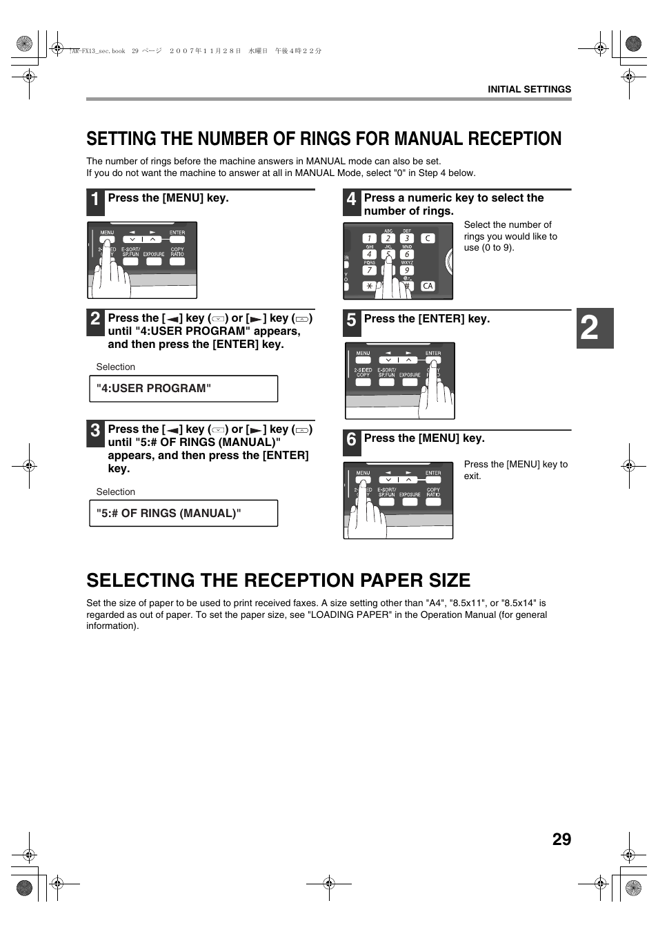 Setting the number of rings for manual reception, Selecting the reception paper size | Sharp R-208S User Manual | Page 137 / 311