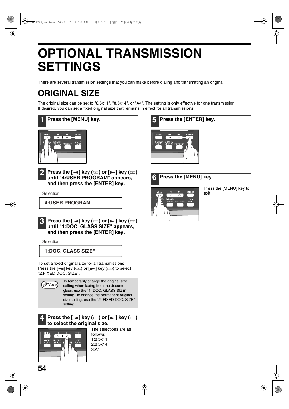 Optional transmission settings, Original size | Sharp R-208S User Manual | Page 162 / 311