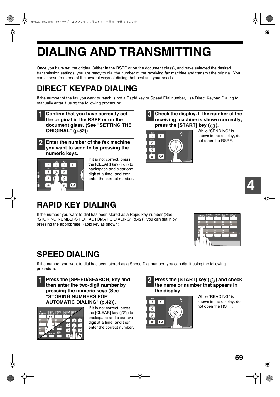 Dialing and transmitting, Direct keypad dialing, Rapid key dialing | Speed dialing | Sharp R-208S User Manual | Page 167 / 311