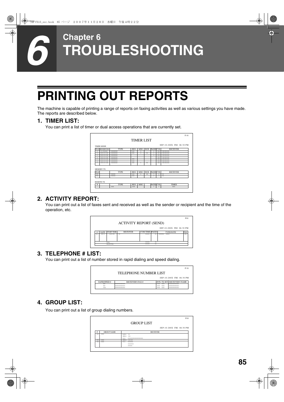 Troubleshooting, Printing out reports, Chapter 6 | Timer list, Activity report, Telephone # list, Group list, You can print out a list of group dialing numbers, Activity report (send), Telephone number list | Sharp R-208S User Manual | Page 193 / 311