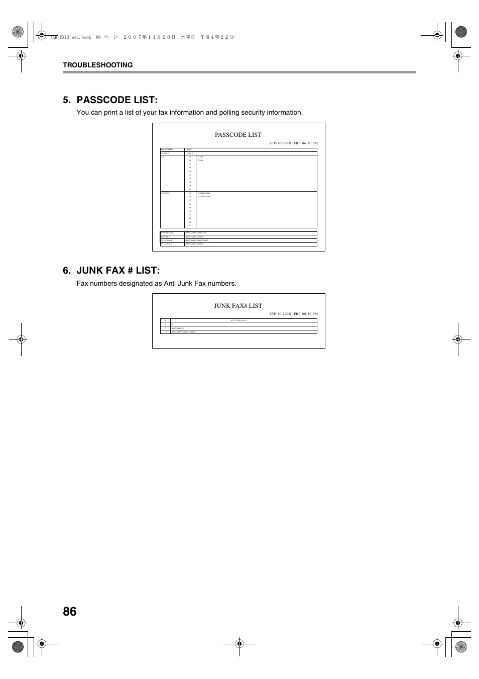 Passcode list, Junk fax # list, Troubleshooting | Fax numbers designated as anti junk fax numbers, Junk fax# list, Ar-fx13_sec.book 86 ページ ２００７年１１月２８日 水曜日 午後４時２２分 | Sharp R-208S User Manual | Page 194 / 311