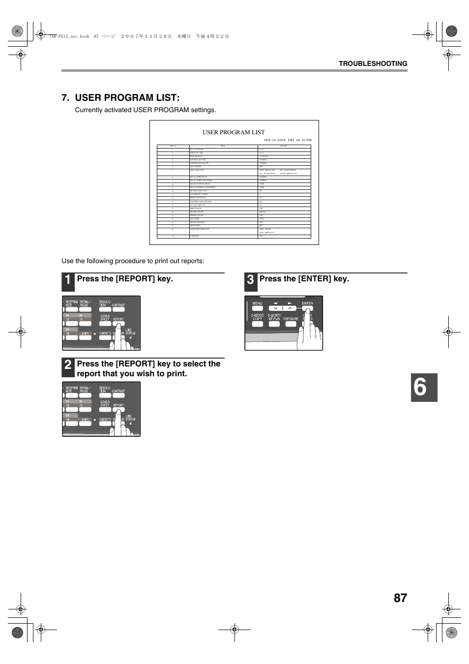 User program list, Press the [report] key, Press the [enter] key | Troubleshooting, Ar-fx13_sec.book 87 ページ ２００７年１１月２８日 水曜日 午後４時２２分 | Sharp R-208S User Manual | Page 195 / 311
