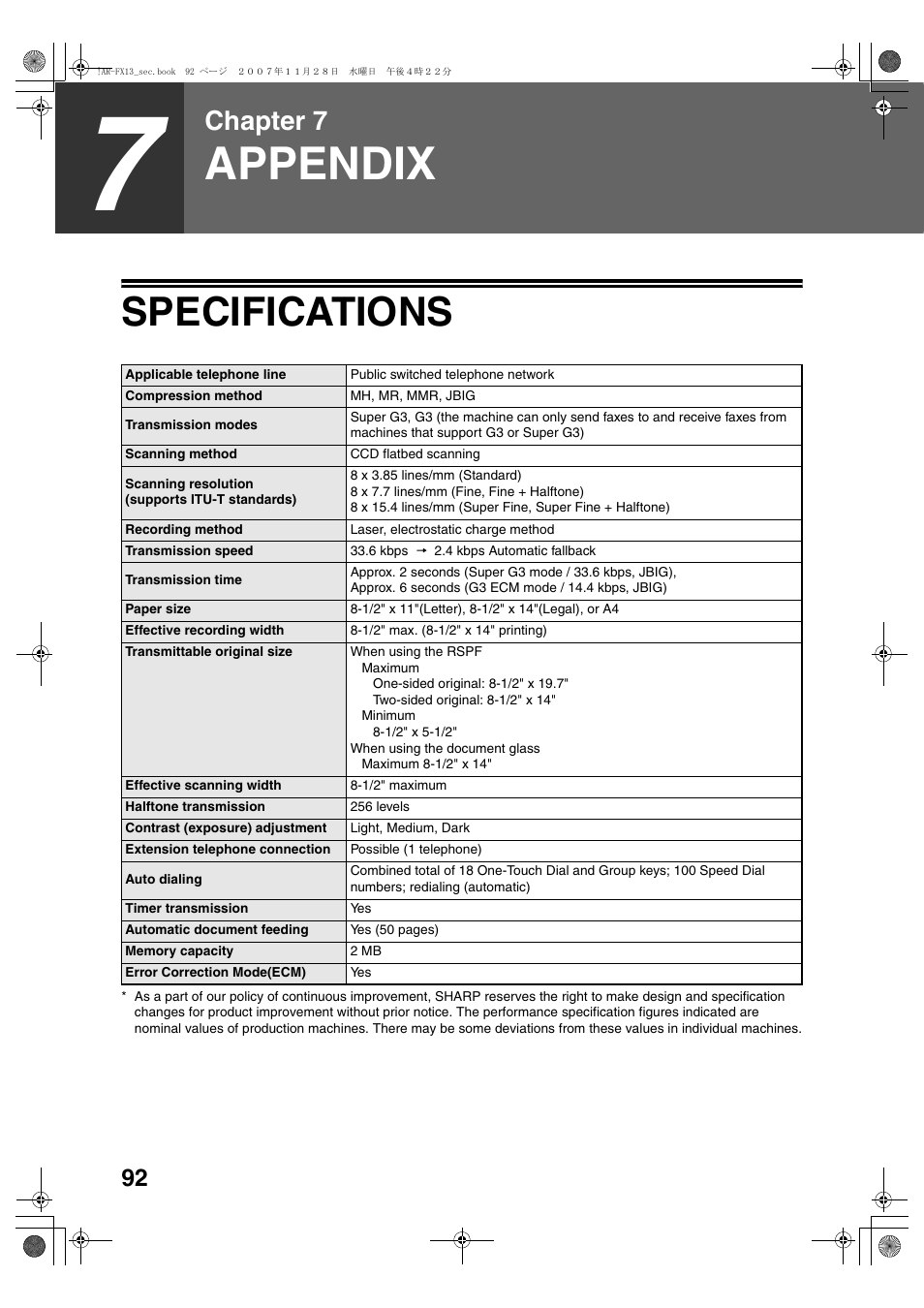 Appendix, Specifications, Chapter 7 | Sharp R-208S User Manual | Page 200 / 311