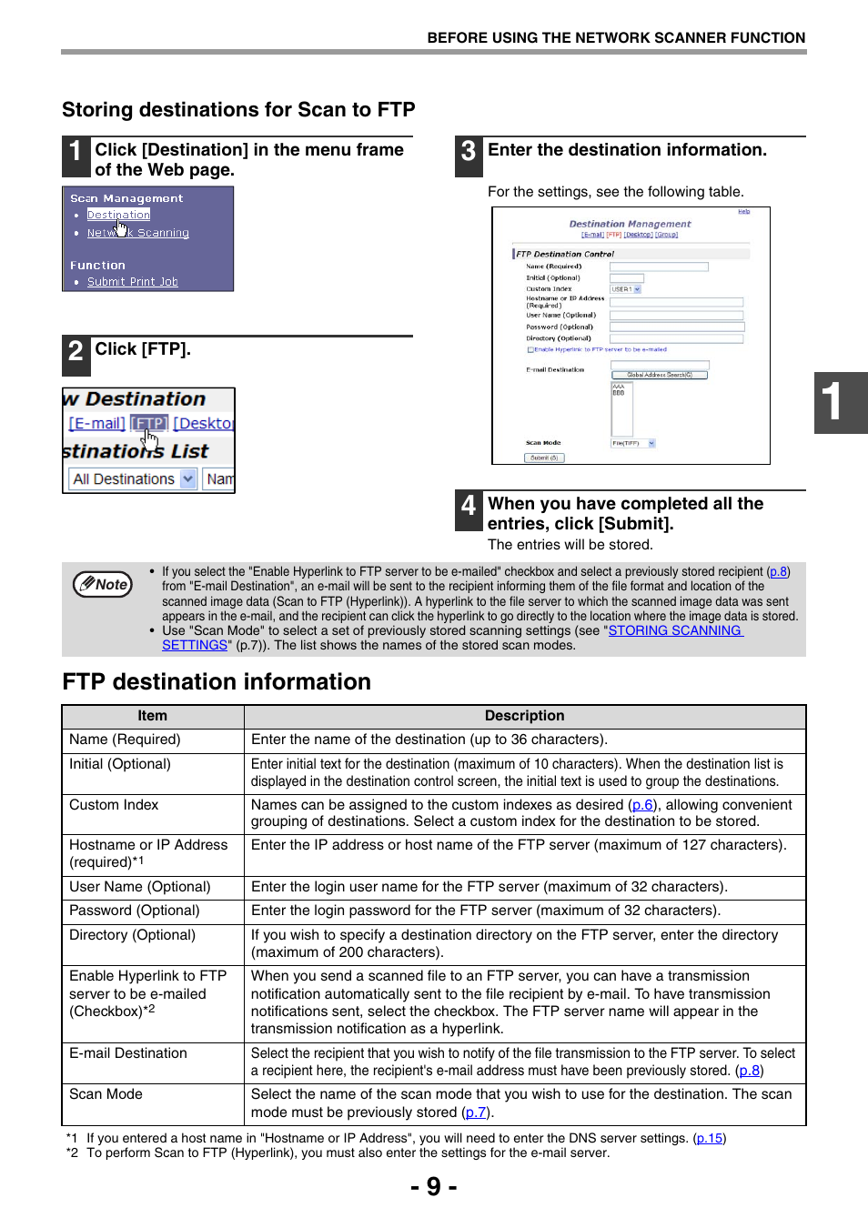 Ftp destination information, Storing destinations for scan to ftp | Sharp R-208S User Manual | Page 217 / 311
