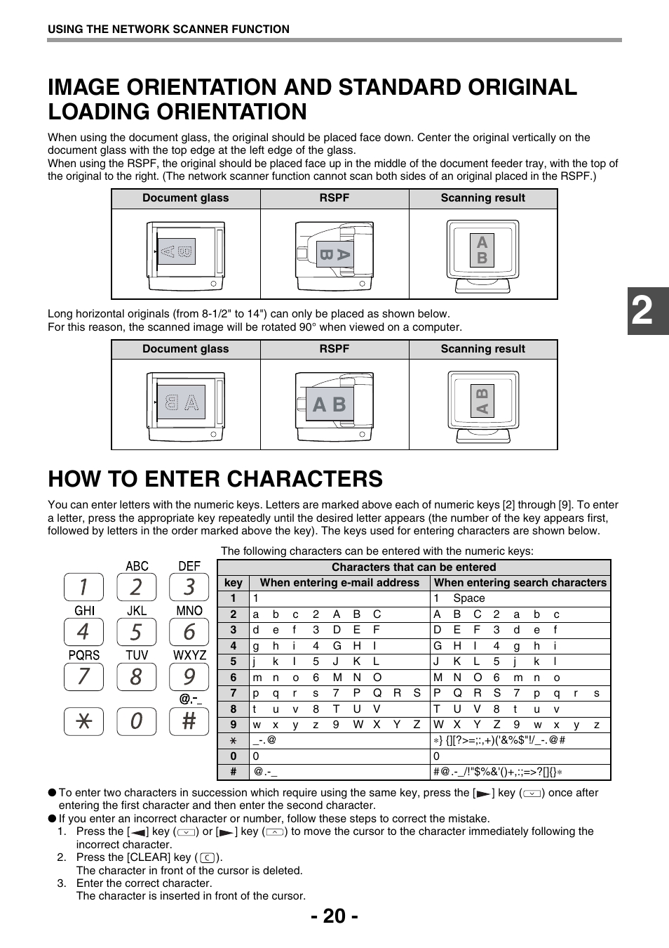 How to enter characters, Image orientation and standard, Original loading orientation | P.20), How to enter, Characters | Sharp R-208S User Manual | Page 228 / 311