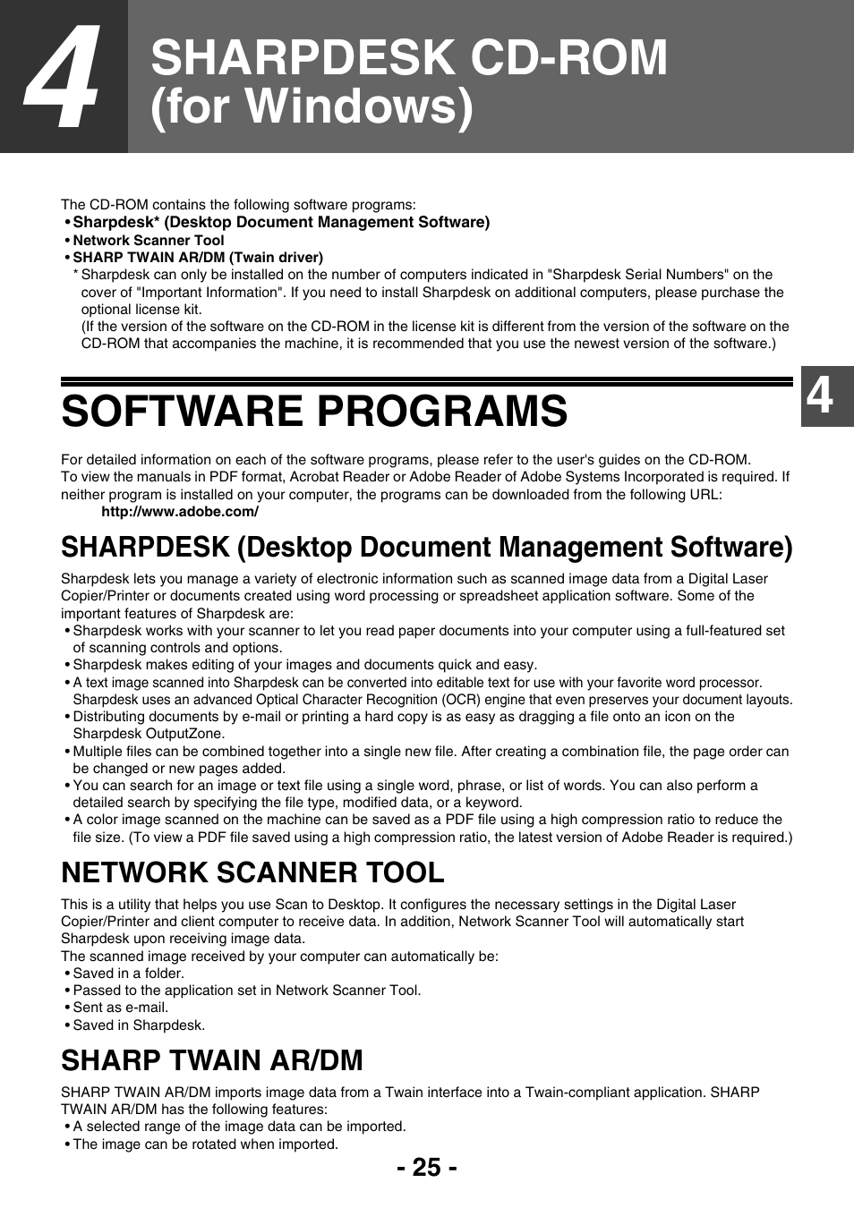 Sharpdesk cd-rom (for windows), Software programs, Sharpdesk (desktop document management software) | Network scanner tool, Sharp twain ar/dm, Sharpdesk (desktop document, Management software), Sharpdesk cd-rom (for, Windows), P.25) | Sharp R-208S User Manual | Page 233 / 311