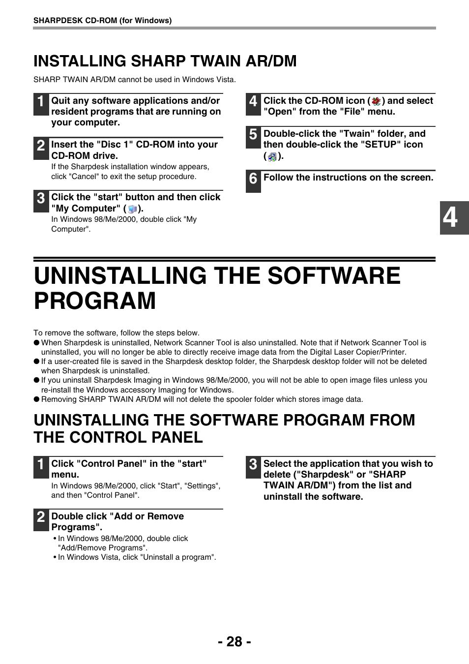 Installing sharp twain ar/dm, Uninstalling the software program, From the control panel | Sharp R-208S User Manual | Page 236 / 311