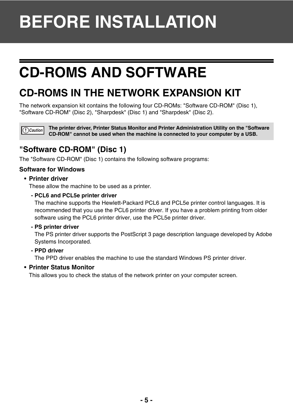 Before installation, Cd-roms and software, Cd-roms in the network expansion kit | Sharp R-208S User Manual | Page 243 / 311