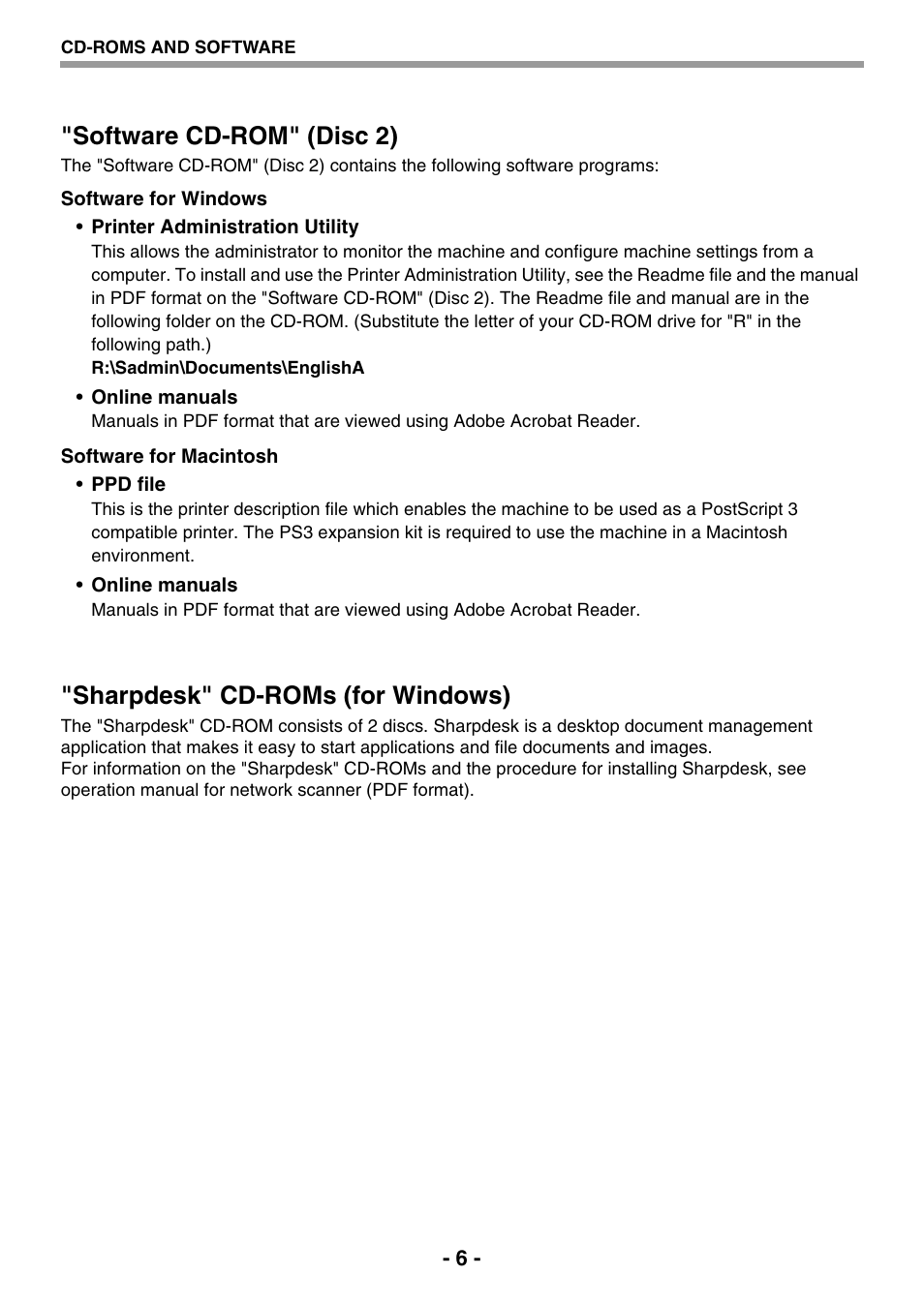 Software cd-rom" (disc 2), Sharpdesk" cd-roms (for windows) | Sharp R-208S User Manual | Page 244 / 311