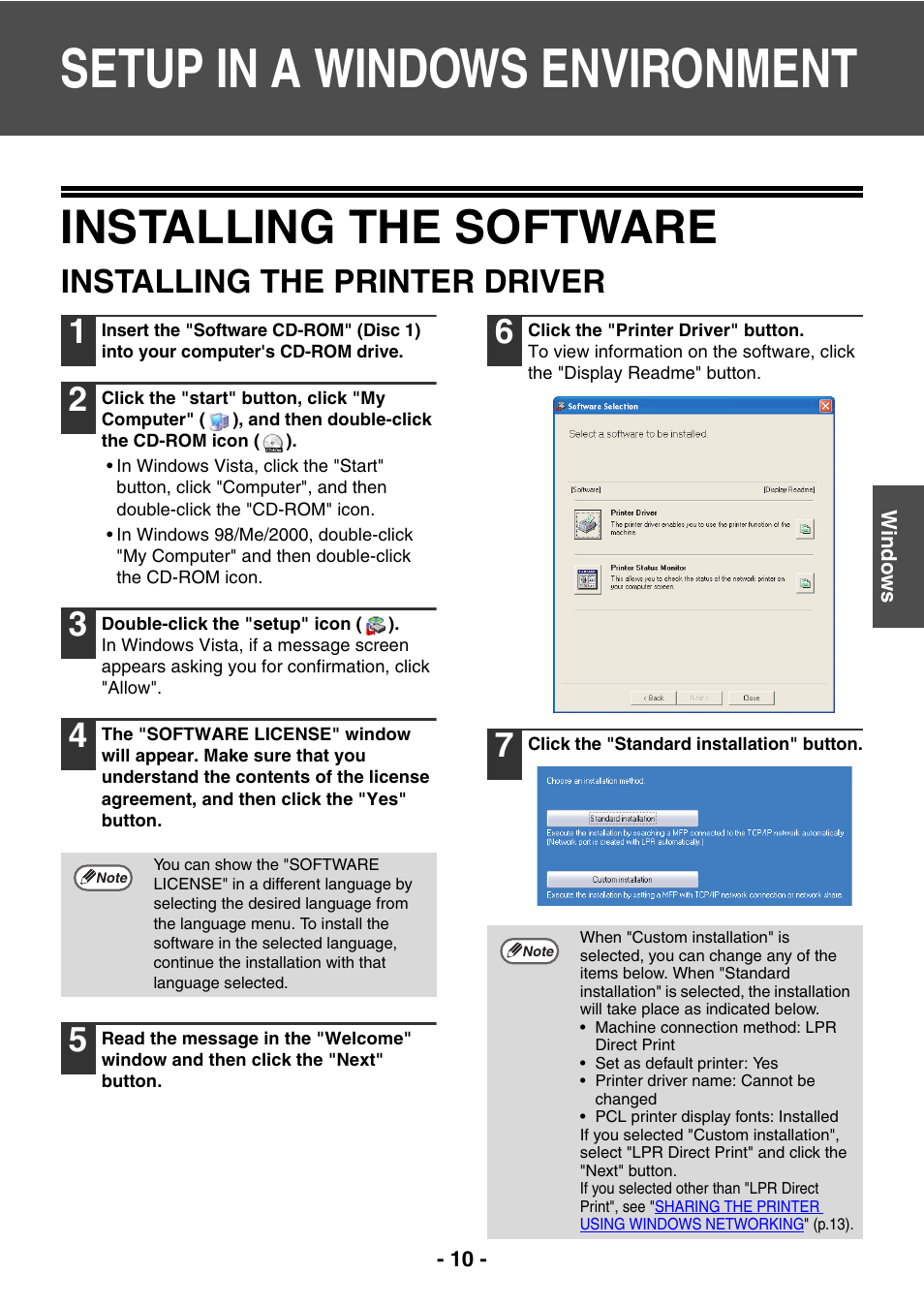 Setup in a windows environment, Installing the software, Installing the printer driver | Setup in a windows, Environment | Sharp R-208S User Manual | Page 248 / 311