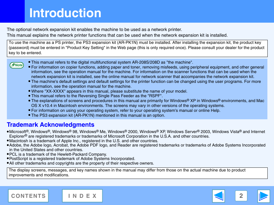 Introduction, Trademark acknowledgments | Sharp R-208S User Manual | Page 265 / 311