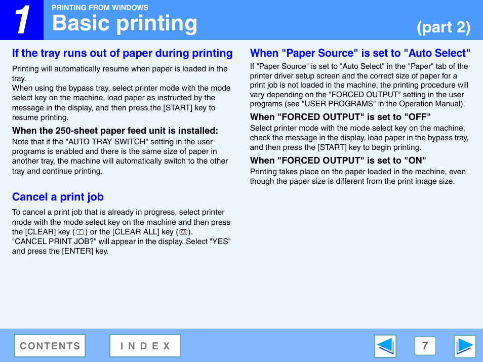 If the tray runs out of paper during printing, When the 250-sheet paper feed unit is installed, Cancel a print job | When "paper source" is set to "auto select, When "forced output" is set to "off, When "forced output" is set to "on, Basic printing, Part 2) | Sharp R-208S User Manual | Page 270 / 311