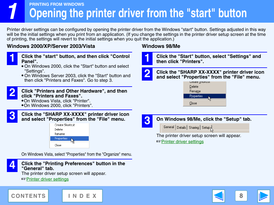 Opening the printer driver from the "start" button, Windows 2000/xp/server 2003/vista, Windows 98/me | Sharp R-208S User Manual | Page 271 / 311