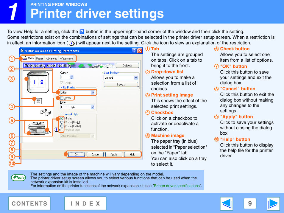 Printer driver settings | Sharp R-208S User Manual | Page 272 / 311
