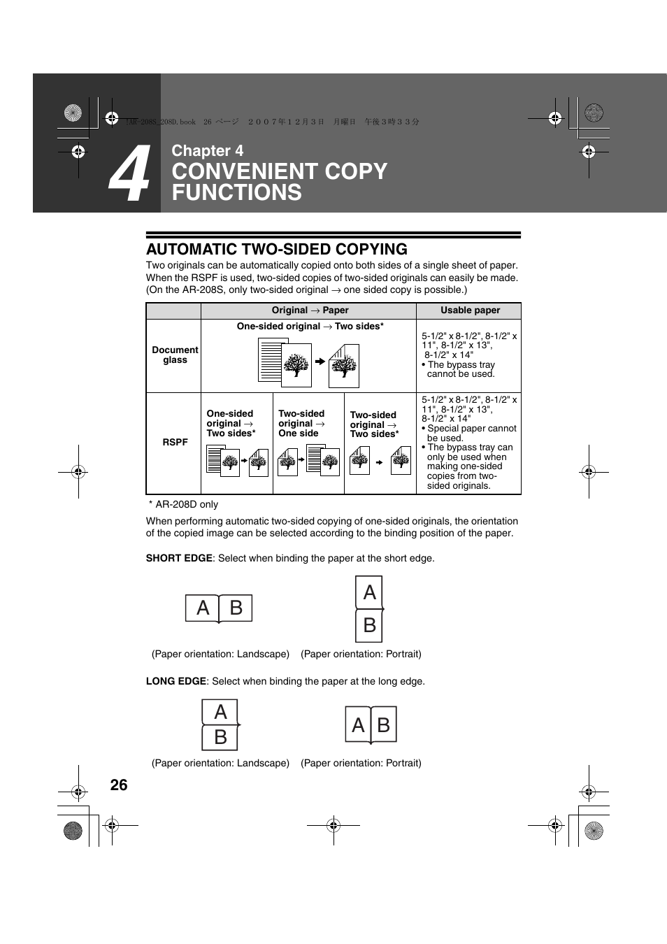 Convenient copy functions, Chapter 4 automatic two-sided copying | Sharp R-208S User Manual | Page 28 / 311