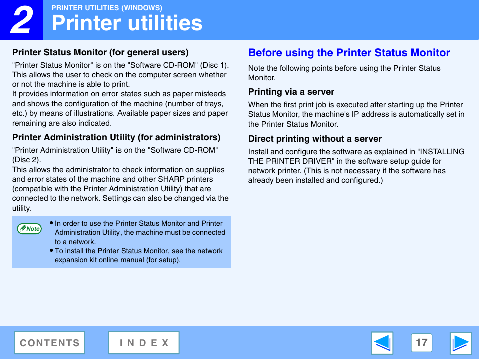 Printer utilities, Printer status monitor (for general users), Before using the printer status monitor | Printing via a server, Direct printing without a server, 2 printer utilities (windows) | Sharp R-208S User Manual | Page 280 / 311