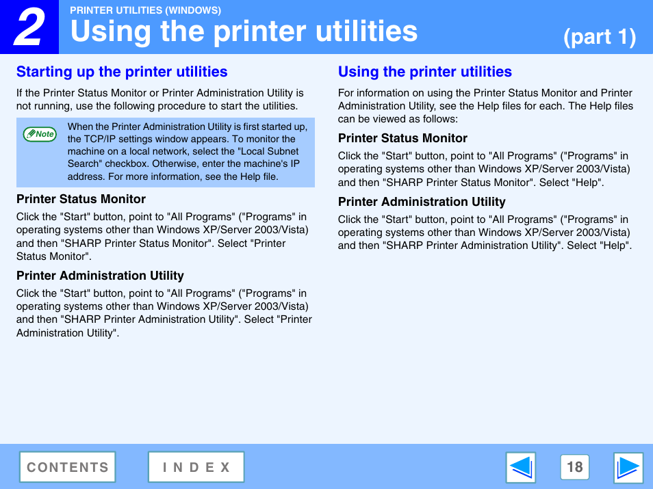 Using the printer utilities, Starting up the printer utilities, Printer status monitor | Printer administration utility, Part 1) | Sharp R-208S User Manual | Page 281 / 311