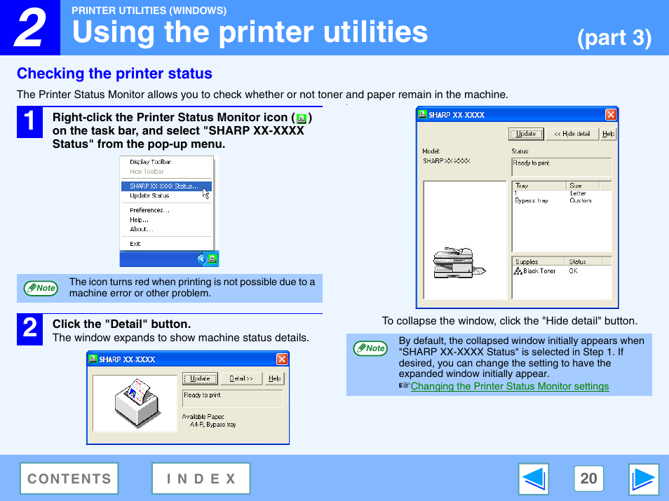 Checking the printer status, Using the printer utilities, Part 3) | Sharp R-208S User Manual | Page 283 / 311