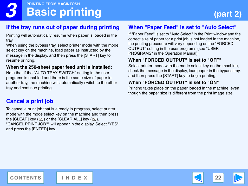 If the tray runs out of paper during printing, When the 250-sheet paper feed unit is installed, Cancel a print job | When "paper feed" is set to "auto select, When "forced output" is set to "off, When "forced output" is set to "on, Basic printing, Part 2) | Sharp R-208S User Manual | Page 285 / 311