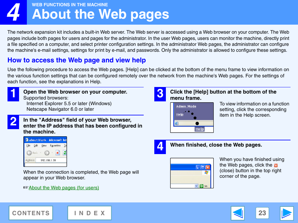 4 web functions in the machine, About the web pages | Sharp R-208S User Manual | Page 286 / 311