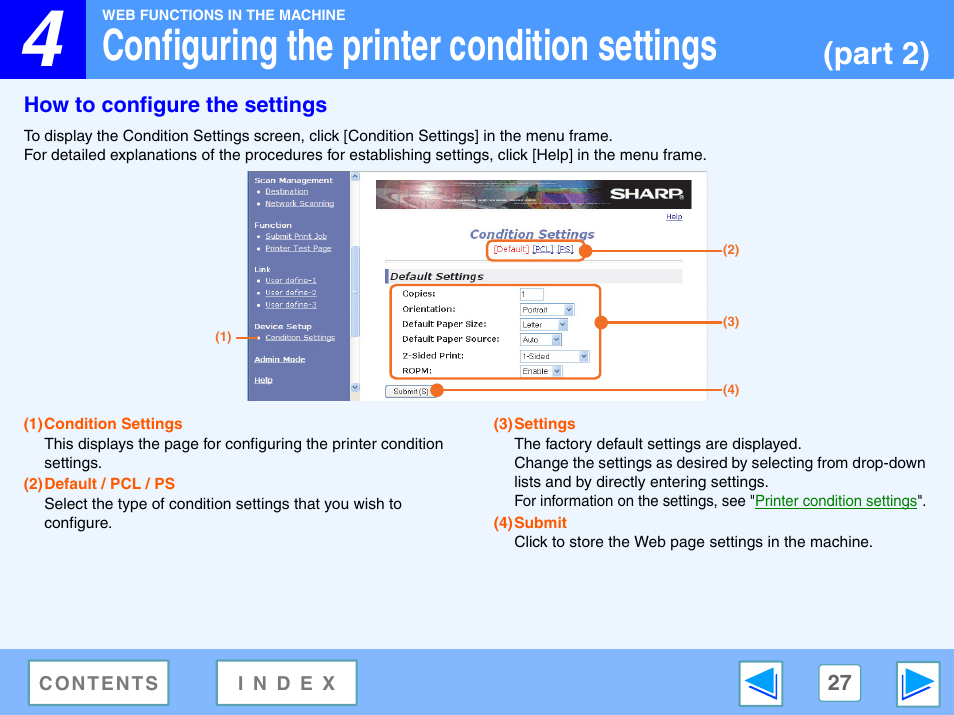How to configure the settings, Configuring the printer condition settings, Part 2) | Sharp R-208S User Manual | Page 290 / 311