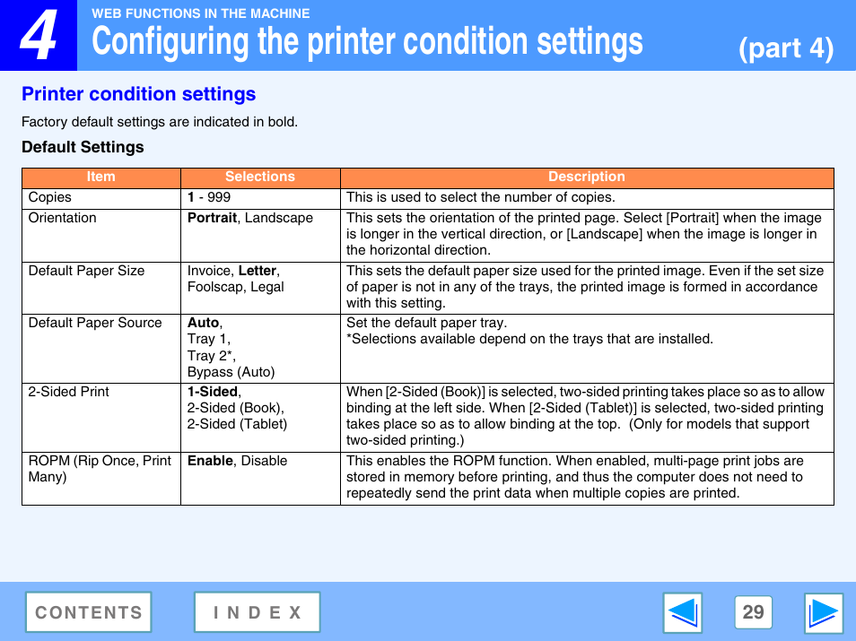 Printer condition settings, Default settings, Copies | Orientation, Default paper size, Default paper source, Sided print, Ropm (rip once, print many), Configuring the printer condition settings, Part 4) | Sharp R-208S User Manual | Page 292 / 311