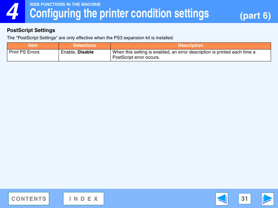 Postscript settings, Print ps errors, Configuring the printer condition settings | Part 6) | Sharp R-208S User Manual | Page 294 / 311