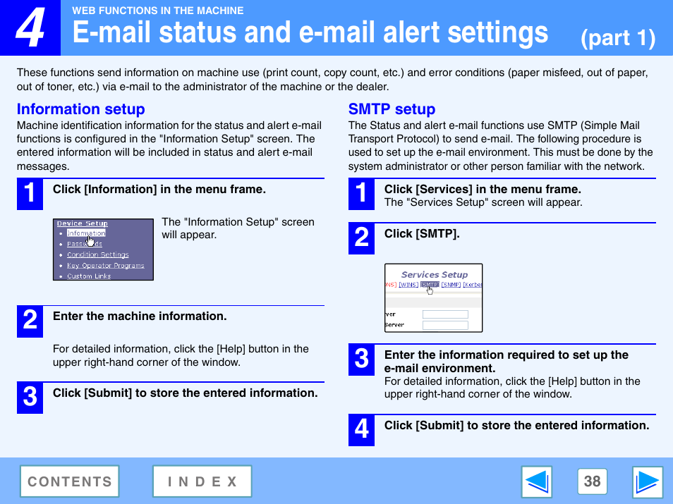 E-mail status and e-mail alert settings, Information setup, Smtp setup | Part 1) | Sharp R-208S User Manual | Page 301 / 311