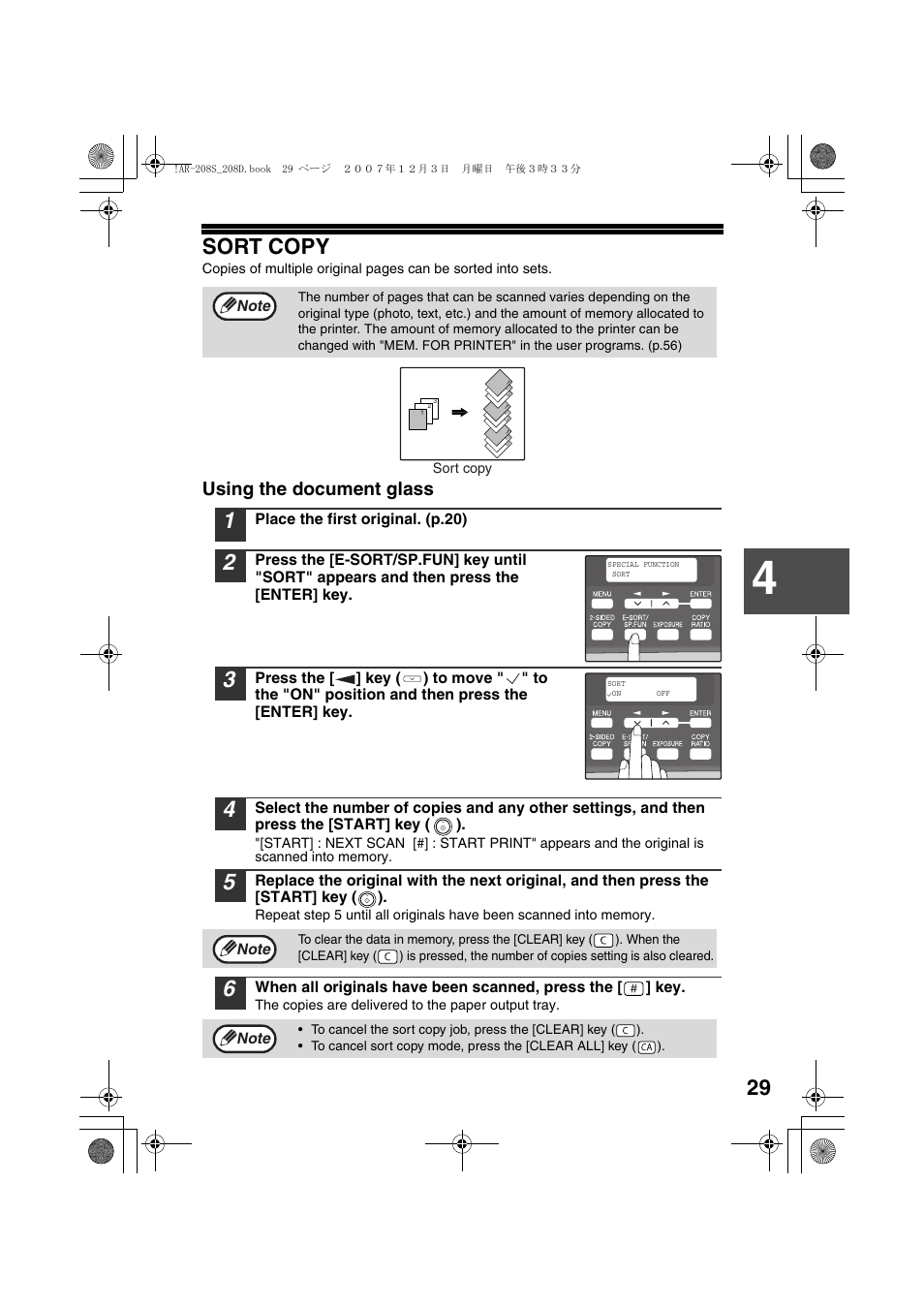 Sort copy, Using the document glass | Sharp R-208S User Manual | Page 31 / 311