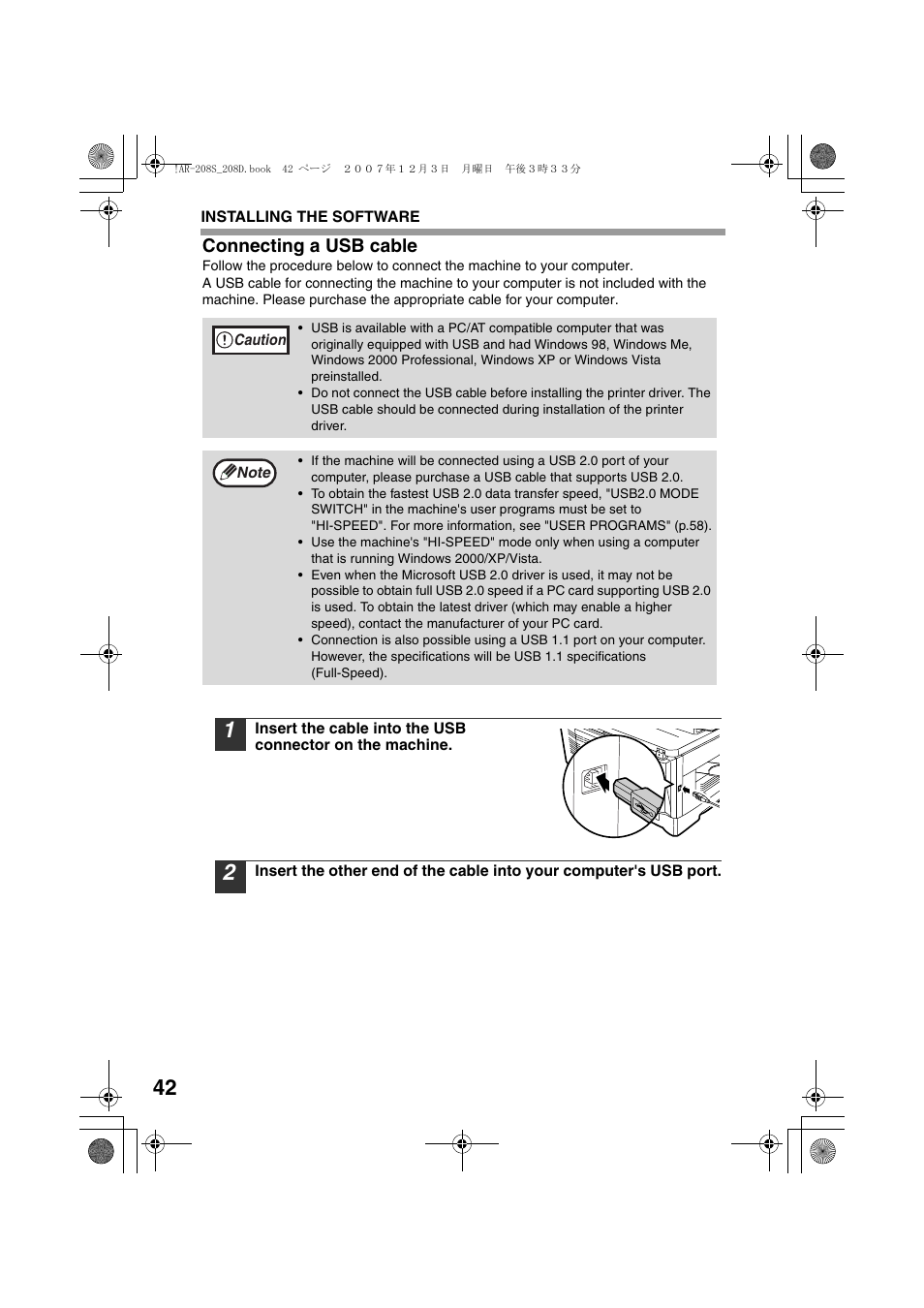 Connecting a usb cable | Sharp R-208S User Manual | Page 44 / 311