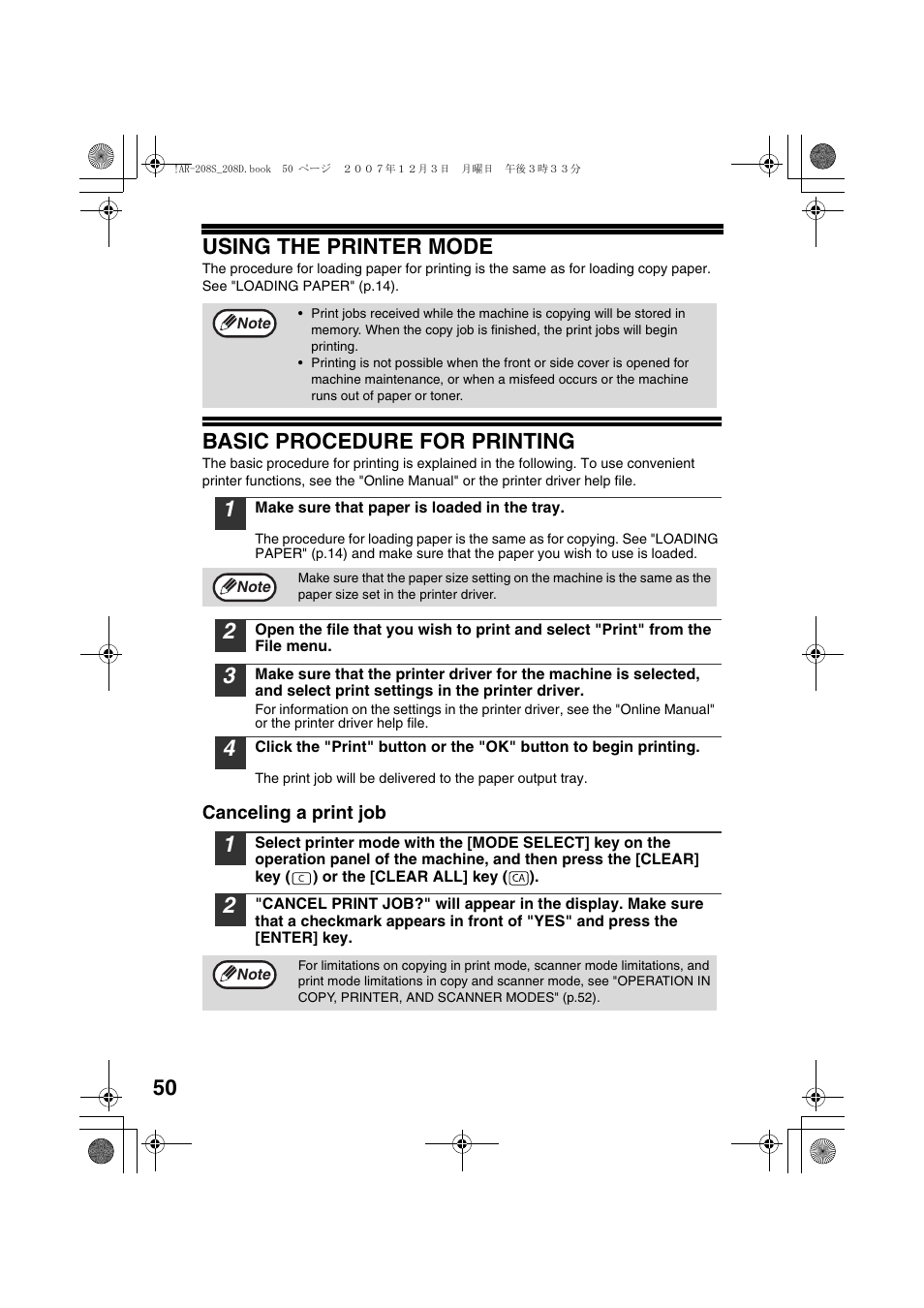 50 using the printer mode, Basic procedure for printing | Sharp R-208S User Manual | Page 52 / 311