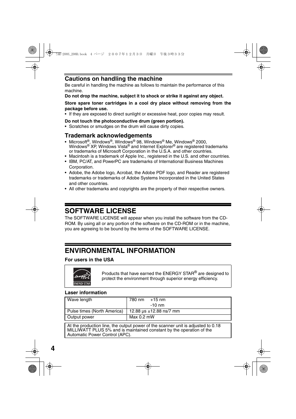 Software license, Environmental information, Cautions on handling the machine | Trademark acknowledgements | Sharp R-208S User Manual | Page 6 / 311